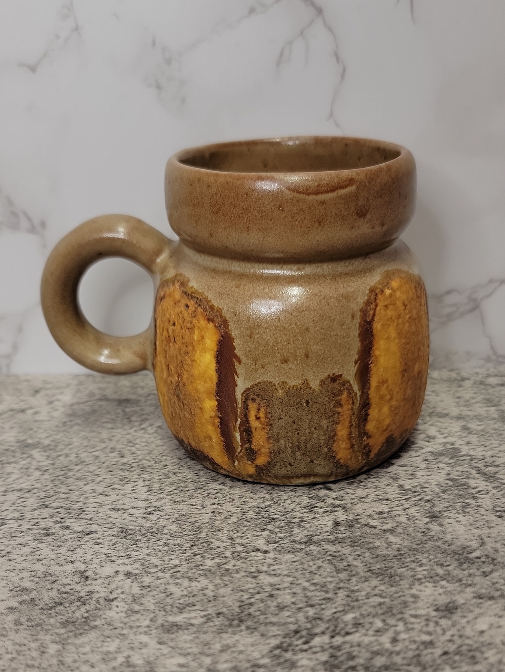 Vintage 1970s Studio Pottery Mug with Textured Ochre Drip Glaze MCM Artisian